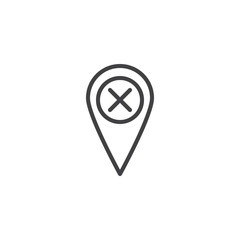 Remove location pin line icon, outline vector sign, linear style pictogram isolated on white. Point marker with x sign symbol, logo illustration. Editable stroke