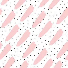 Photo sur Plexiglas Polka dot Petits points noirs et coups de pinceau roses sur fond blanc. Modèle sans couture abstrait.