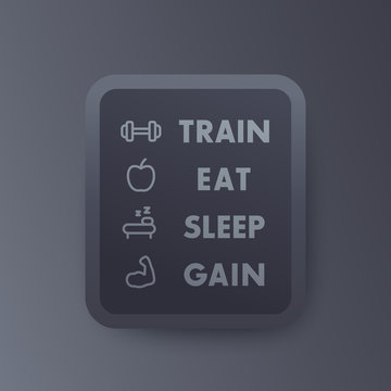 Train, eat, sleep, vector gym poster with fitness icons