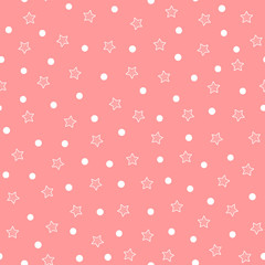 Repeated white stars and circles on pink background. Cute seamless pattern.