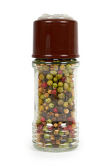 glass pepper mill isolated on white background, hot and spicy flavor