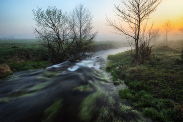 Fototapeta na wymiar spring morning. a picturesque river. foggy dawn