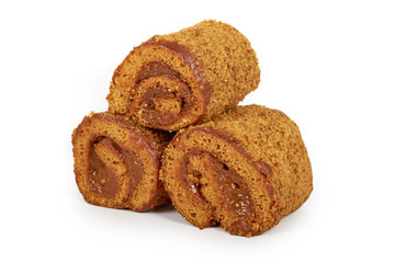 delicious chocolate with milk Swiss roll cake isolated on white background, home made dessert
