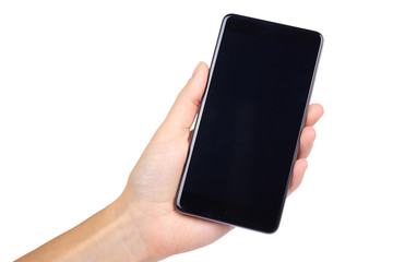 smart phone with blank screen in hand isolated on white background, big mobile, black cellphone,...