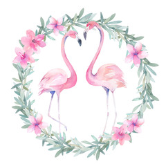 Watercolor flamingos with eacalyptus wreath. Hand drawn isolated illustration