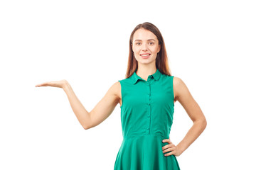 Fototapeta premium Portrait of emotional young woman in emerald green dress on white background