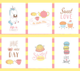 Collection of hand drawn templates for greeting cards, with sweet food doodles, with kawaii faces and typograhpy, Italian text La dolce vita (Sweet life). Vector illustration. Design concept kids.