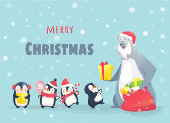 Polar bear gives gifts to penguins