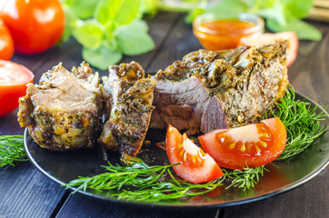 Pork meat on ribs baked in an oven © ketrin08