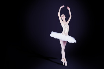 Young female / woman / girl ballerina in a white pack / tutu solo dancing and doing stand on toes in dark black scene with reflecting floor and dark background
