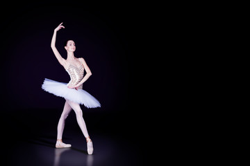 Young female / woman / girl ballerina in a white pack / tutu solo dancing and graceful staying in dark black scene with reflecting floor and dark background