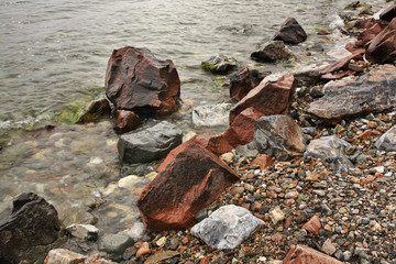 Coast of lake Baikal near Khuzhir village at Olkhon island. Olkhonsky district. Irkutsk oblast. Russia