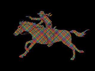 Cowboy riding horse,aiming a gun designed using colorful pixels graphic vector