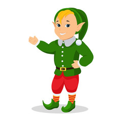 Vector cartoon christmas elf stands with hands