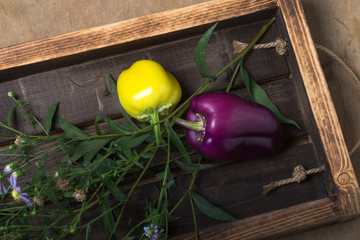 Fresh vegetables and herbs on a wooden burned rustic texture for background. Rough weathered wooden board