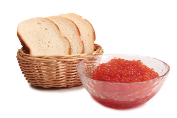 Fish eggs and bread on a white background