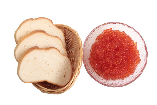 Fish eggs and bread on a white background