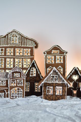 home made gingerbread village in front of white background on white snowlike velvet as decoration for christmas 