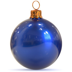 Christmas ball decoration blue closeup New Years Eve bauble adornment traditional Happy Merry Xmas wintertime ornament polished. 3d rendering illustration