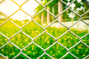 The fence mesh netting on blurred yellow flower field as the background with flare light - Powered by Adobe