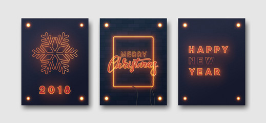 Neon lights design, Merry Christmas and Happy New Year. Xmas background, retro card, vector banner