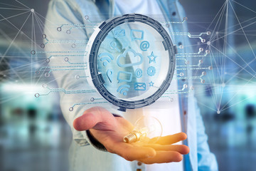 Cloud symbol connection surrounded by multimedia and internet application logo - 3d rendering