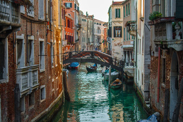 Venice City of Italy. View on Canal, Venetian Landscape with boats and gondolas