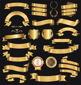 Retro golden ribbons and labels vector collection 