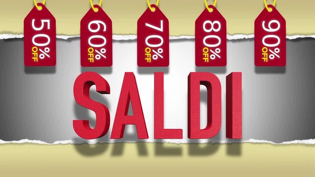 Saldi Red Text : Sales Word in Italian, 3D Text Animation With Animated Red Discount Tags With Different Percentages - 4K Resolution Ultra HD
