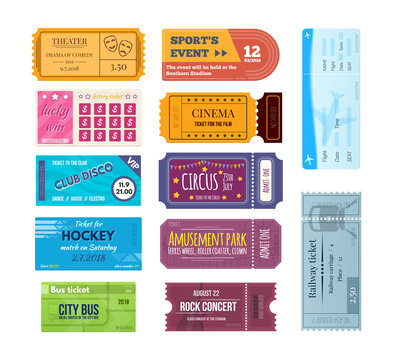 Set of colorful tickets and coupons on various events.