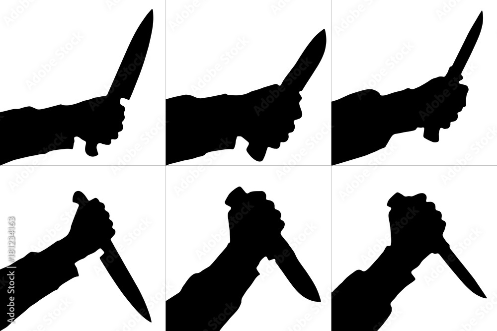 Sticker Silhouettes of killing knife in hand, isolated. Vector set.