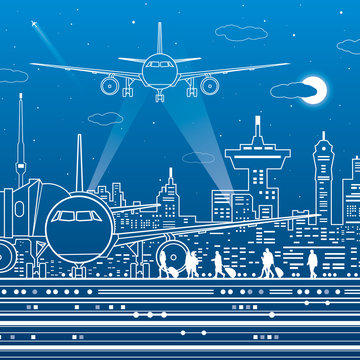 Airport illustration. Aviation transportation infrastructure. The plane is on the runway. Airplane fly, people get on the aircraft. Night city on background, vector design art