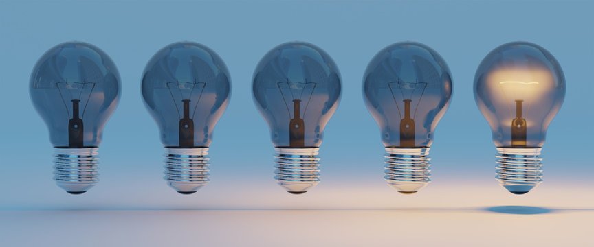 Bright lightbulbs lined up 3D rendering