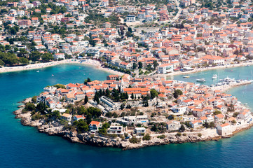 Aerial view of Primosten, popular Croatian summer destination.