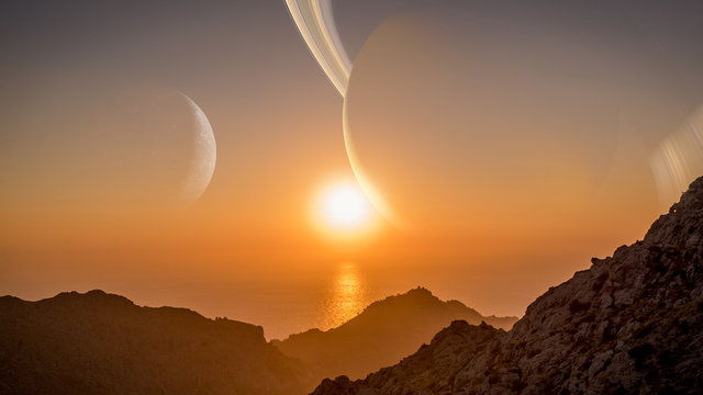 alien planet landscape, exoplanet seascape with mountains and moons