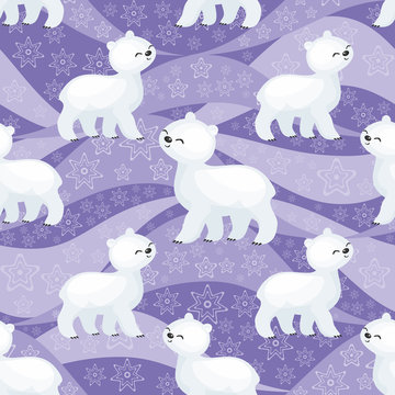 Seamless pattern with the image of the cute polar animals. Vector background.