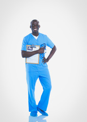 Male doctor standing with folder, isolated on white background. Doctor. Clinic.