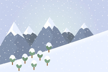 Flat design illustration of winter mountain landscape with trees and snow