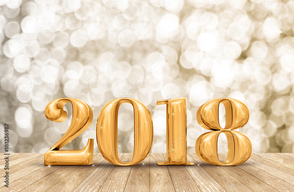 Poster 2018 3d rendering golden new year number in perspective room with sparkling bokeh wall and wooden plank floor,leave space for adding your content