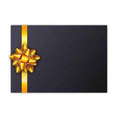 Black holiday gift card with golden ribbon and bow. Template for a business card, banner, poster, notebook, invitation