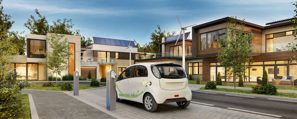 Modern houses with solar panels and electric car