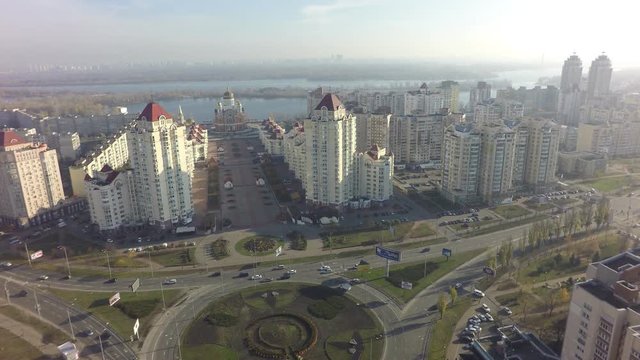 aerial view of Obolon district in Kiev at autumn, raw, 4K
