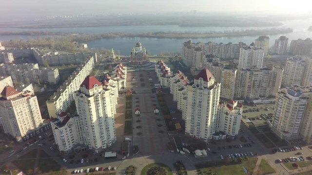 aerial view of Obolon district in Kiev at autumn, raw, 4K