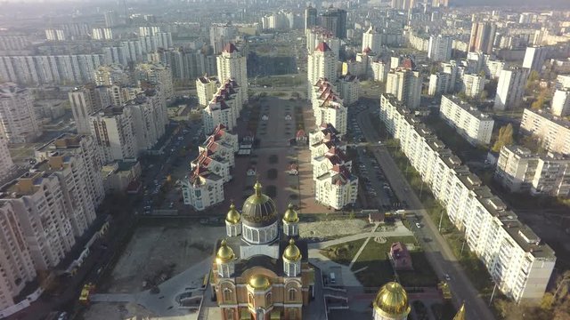 aerial view of Obolon district in Kiev at autumn, raw, 4K