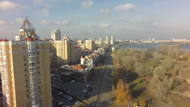 aerial view of Obolon district in Kiev at autumn, raw, 4K