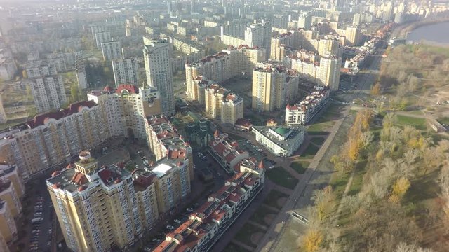 aerial view of Obolon district in Kiev at autumn, raw, 4K