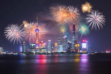 Fotobehang Beautiful night Shanghai's cityscape with the city lights on the Huangpu River, Shanghai, China © Patrick Foto