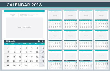 2018 Planner - illustration Vector template of 2018 calendar, planner, green and light blue