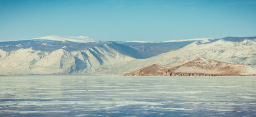 Baikal Lake. Ice, rocks, winter Landscape in Siberia