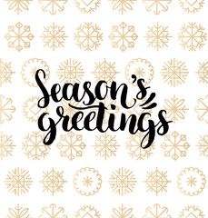 Fototapeta na wymiar Vector Seasons Greetings lettering design on snowflakes background. Christmas or New Year seamless pattern.